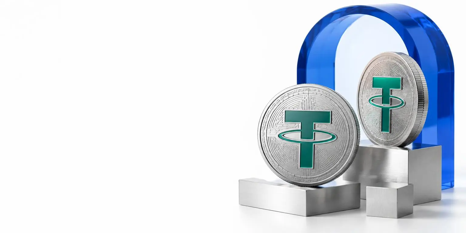 Platinum Tether coins in a bright silver studio